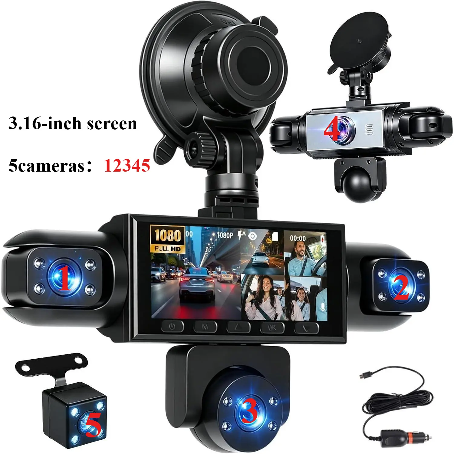 Rimoody 5-Lens 、3.16-inch 1080p dash cam, featuring 4 dash cam lenses and 1 rearview camera lens; loop recording; reverse parking assist; 24-hour monitoring; easy plug-and-play installation non-rechargeable with no built-in battery no memory card