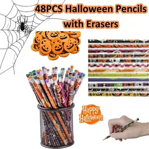 48PCS Halloween Pencils with Erasers – Colorful Assorted Pattern Pencil Sets for Kids, Trick or Treat Gifts, Party Favors, Goody Bag Fillers & Classroom Rewards