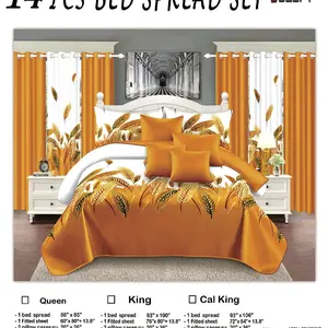 14-Piece Bedspread Set - Orange Wheat Design, Queen/King/Cal King Sizes, 1 Bedspread, 2 Fitted Sheets, 2 Pillowcases, 2 Bedskirts