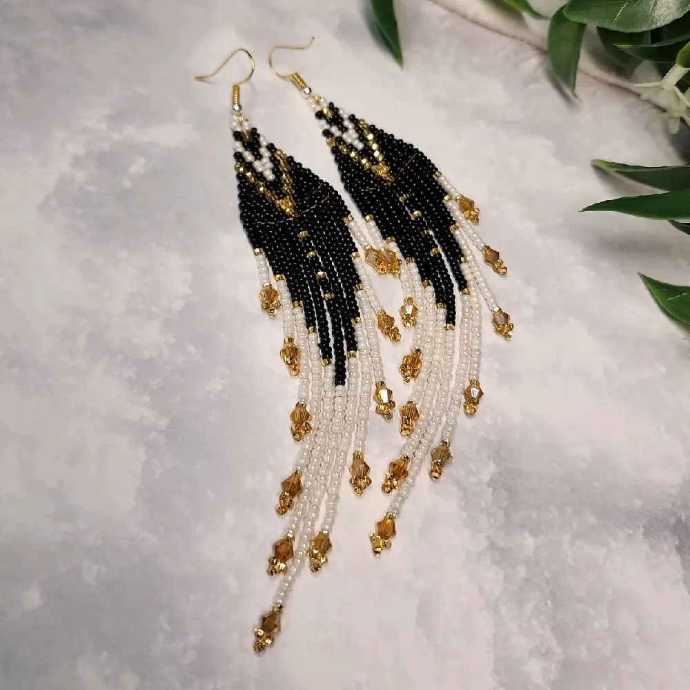 Elegant Black & Gold Color Beaded Tassel Earrings with Beige  Beads and Gold  crystals  for Stylish Outfits