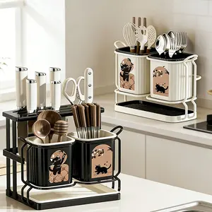 Carbon Steel Kitchen Storage Rack, dual-compartment utensil holder with detachable drip tray for draining and organizing kitchen tools, countertop dish storage solution for home kitchen organization and daily tableware management