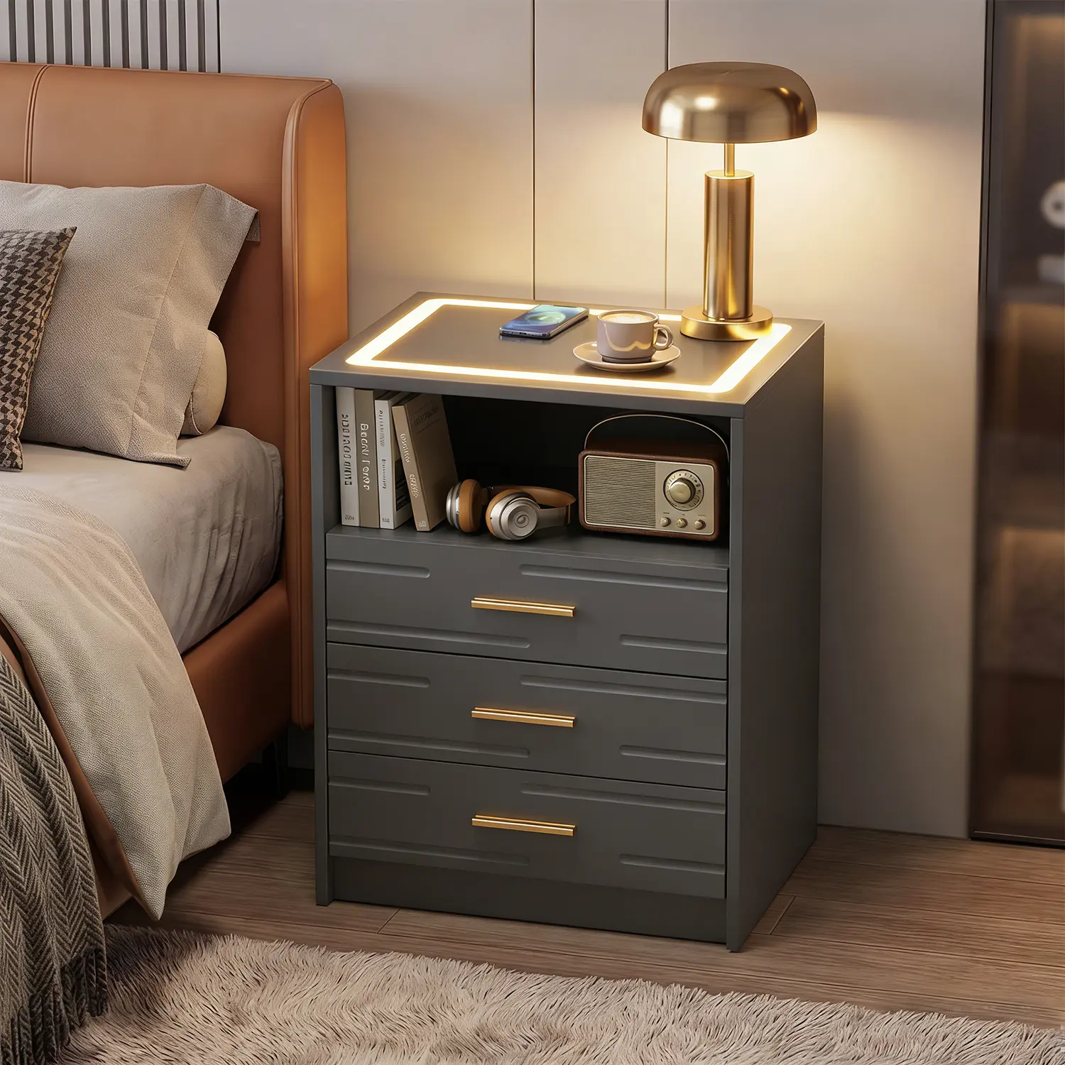 EROmmy Contemporary Golden Child-Safe Nightstand - Flat-Top Smart LED Bedroom Bedside Table with Adjustable LED Lights, Wireless Charging, USB & Type-C Ports, Drawer, Black & Gold Indoor Bedroom Furniture, Led Lights Bedroom,dorm essentials,home decor