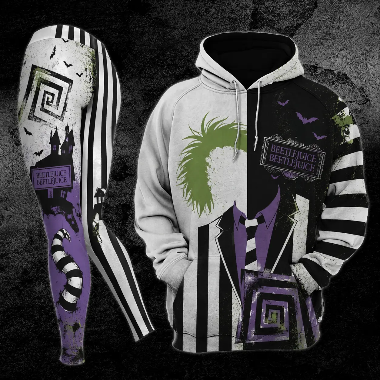 Beetlejuice Inspired Gothic Halloween Hoodie and Leggings Set, Black White Striped Spooky Matching Outfit, Purple Green Nightmare Graphic Sweatshirt and Stretch Leggings, Alternative Halloween Costume Gift
