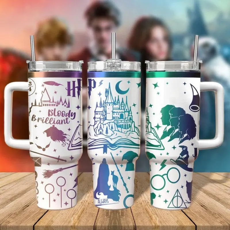 Wizard School 40oz Tumbler With Handle, Magic Academy Inspired Stainless Steel Travel Mug, Spellbook Castle Wizard Symbols Insulated Cup With Straw Lid, Double Sided Vacuum Tumbler, Fantasy Wizard Fan Gift