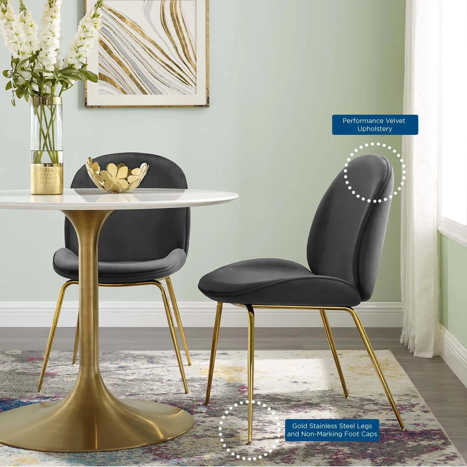 Modway Scoop Minimal Chic Indoor Use Dining Chair - Black Performance Velvet, Gold Stainless Steel Legs, 1 Size Kitchen Side Chair