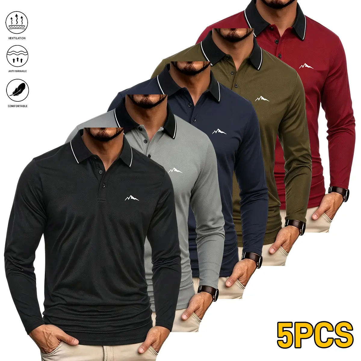 Men’s 5-piece set of collared shirts — soft and breathable, comfortable long sleeves with a casual fit; classic collared shirts suitable for work, golf, travel, and everyday wear