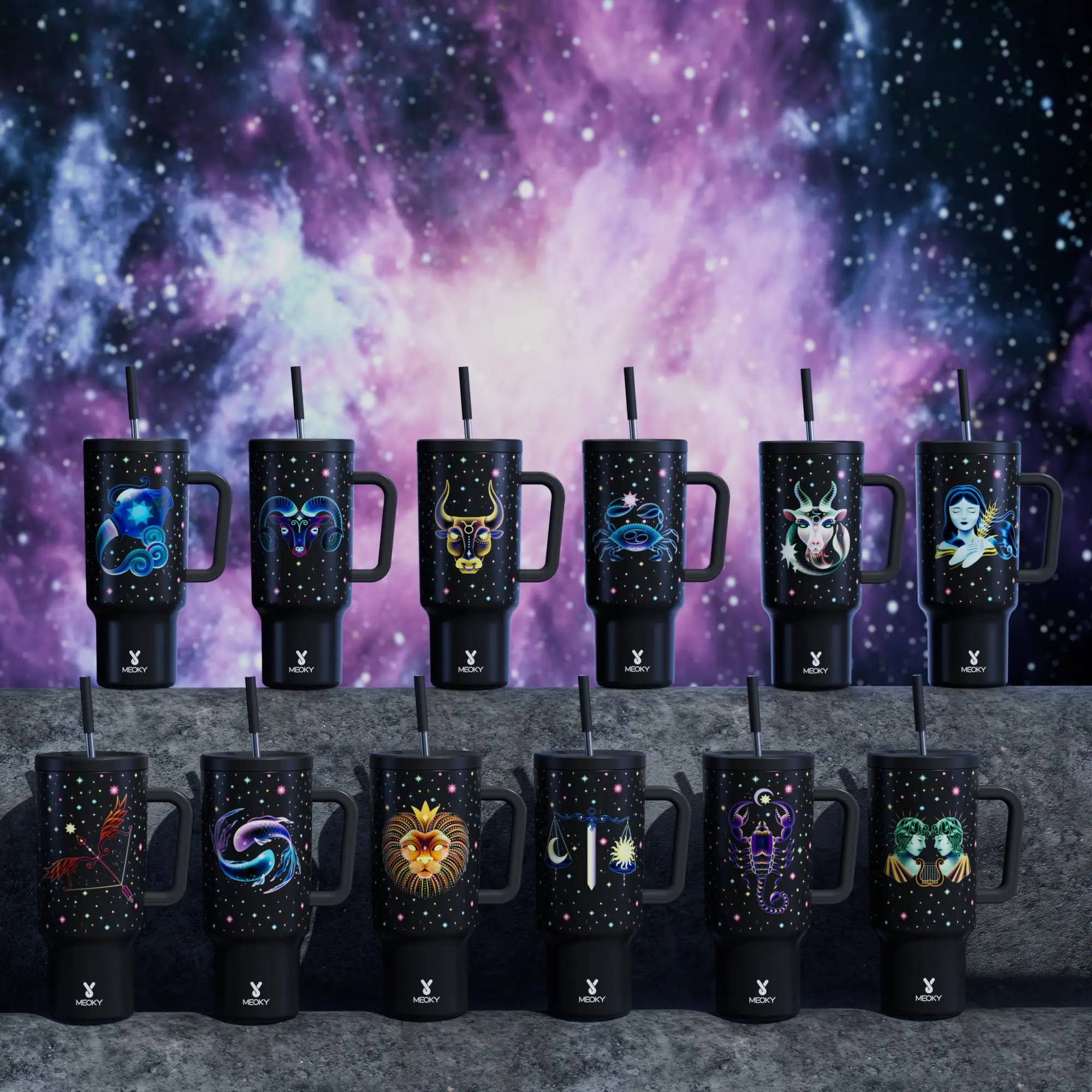 40oz Zodiac Signs Straw Handle Cup, Portable Leak-proof Cup Lid, Summer Cool Bottle, Non-slip Noise Reduction Pad At The Bottom, Stainless Steel Therm