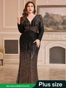 Plus Size V Neck Long Sleeve Fitted Bodycon Dress, Gradient Sequin Formal Evening Gown, Elegant Waist-Defining Party Wear for Women