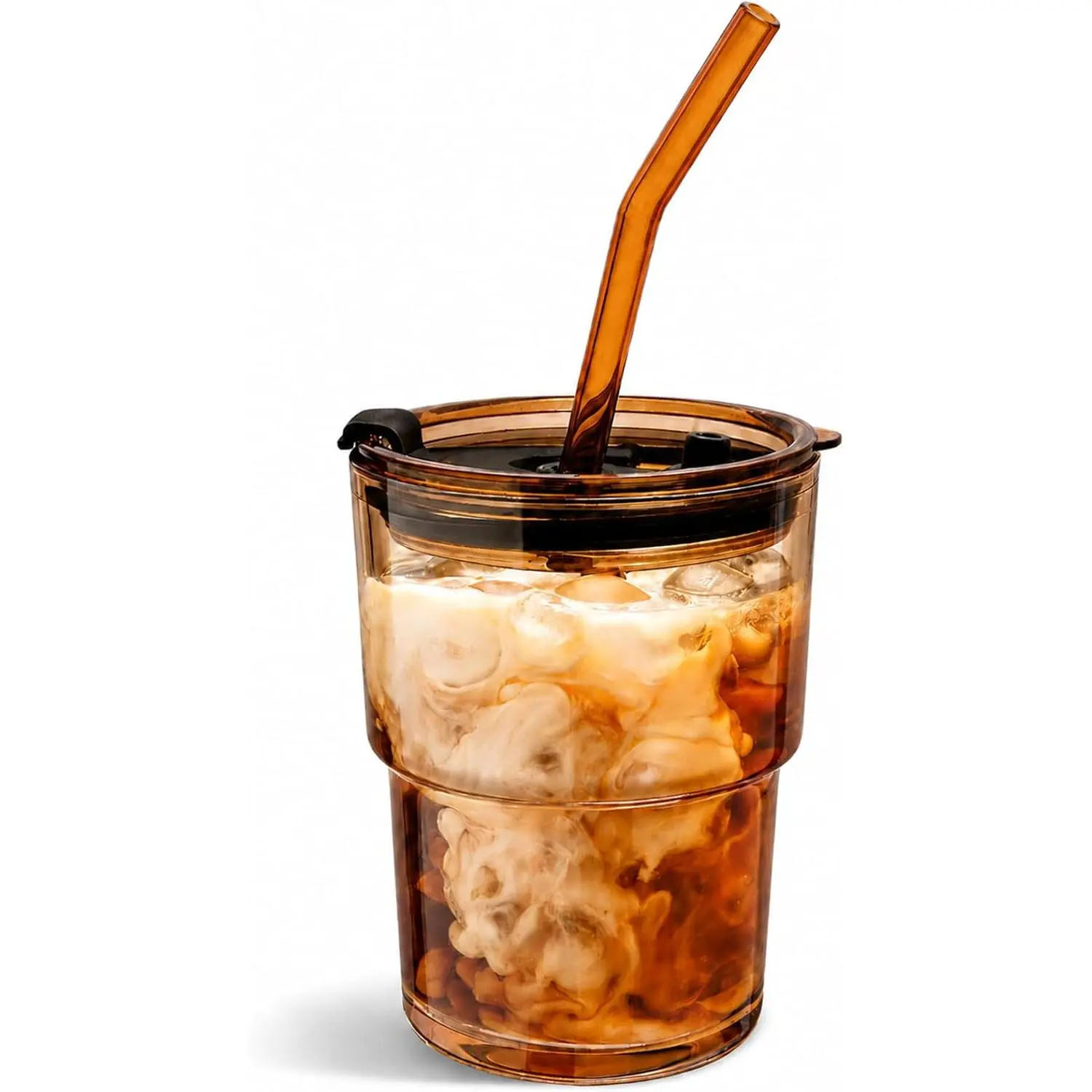 13oz Glass Tumbler with Straw and Lid, Reusable Iced Coffee Cup, Thick Glass Cups for Water, Matcha, Iced Tea, Amber