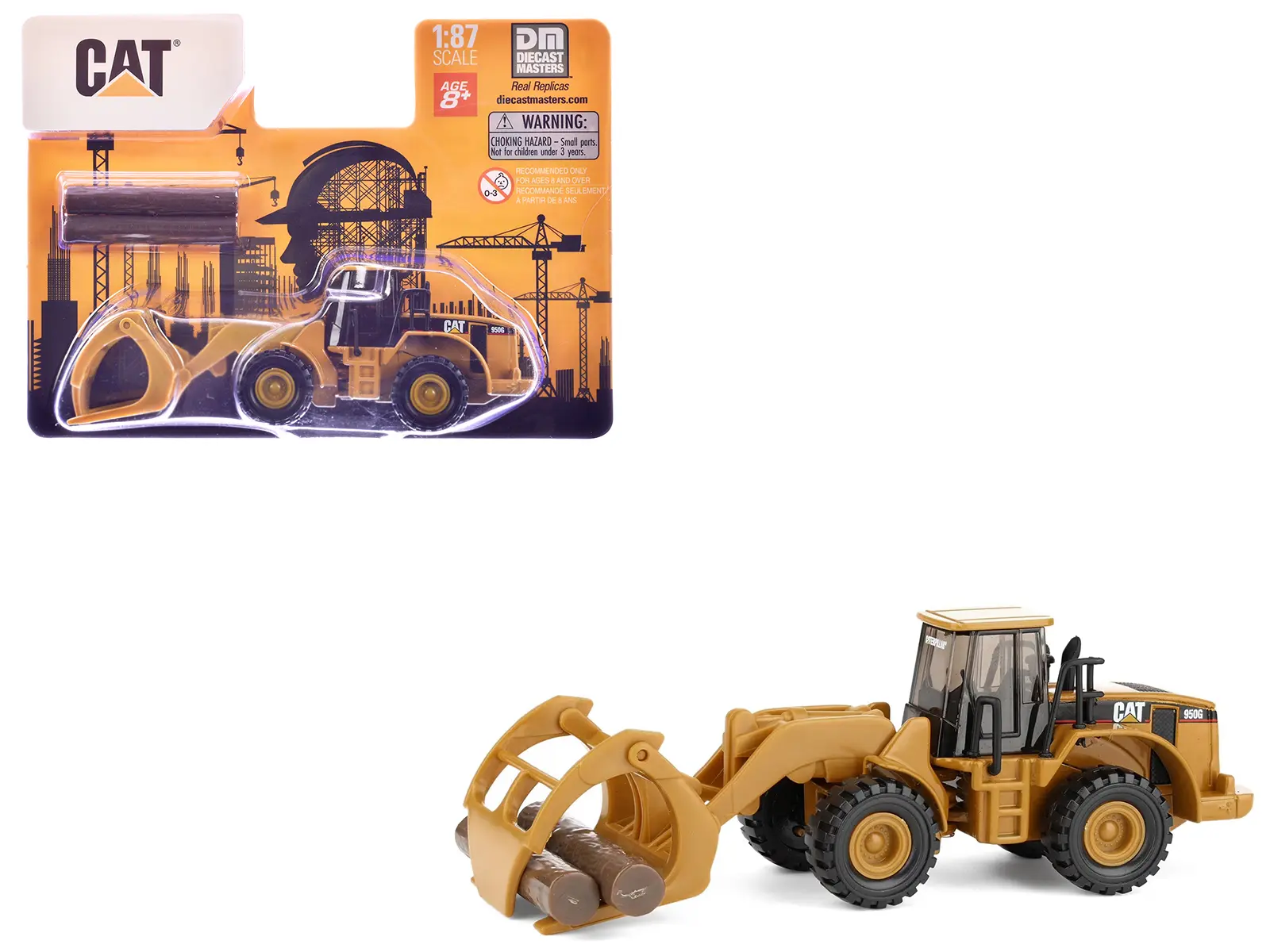 CAT Caterpillar 950G Wheel Loader Yellow with Log Fork and Wood Log Accessories 1/87 (HO) Scale Diecast Model by Diecast Masters