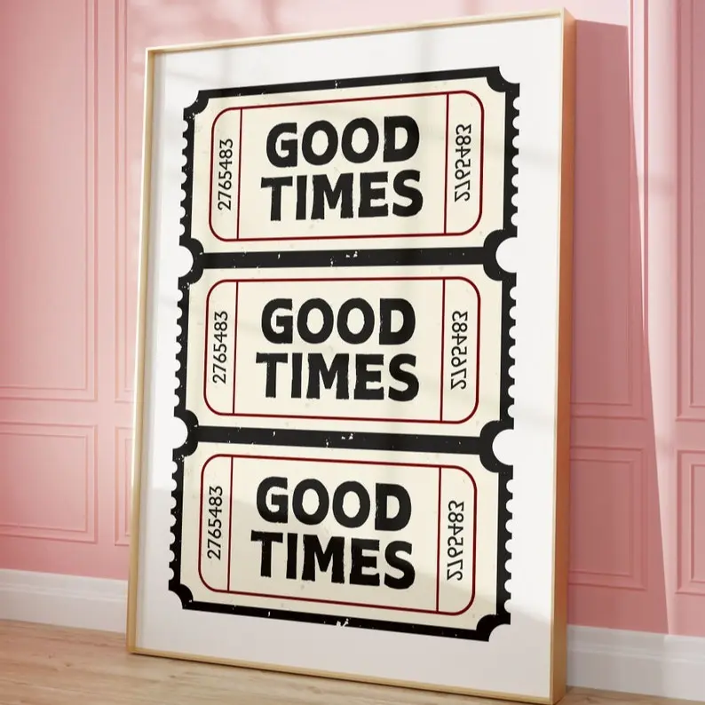 Retro Good Times Ticket Art Print - Waterproof Framed Vintage Wall Decor, Plaid Room Art Illustrations with Artistic Box, Unframe-Style Option for Kitchen, Polka Dot, Houndstooth