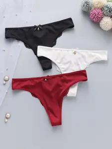 3-Pack Lace Trim Low-Rise Thongs, Light Luxury & Exquisite Style, Invisible, Comfortable & Lightweight, Dating Underwear for Women, Multi-Color Set, Panties, Lace Fitted Panty