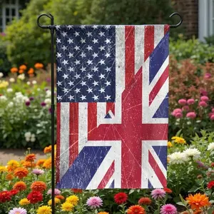 Half American Half British Garden Flag _ Distressed USA UK Union Jack Design _ Double Sided Polyester Yard Banner _ Patriotic Home Decor Gift
