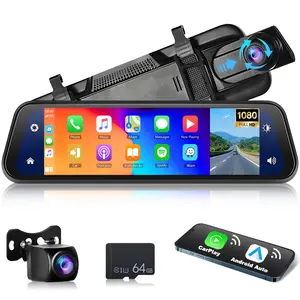 2.5K Rear View Mirror Dash Cam Backup Camera,in-Mirror Smart 9.66 Inch IPS Touch Screen Front&Rear Mirror Camera,Car Players Wireless CarPlay&Android Auto for Cars Trucks,Parking Monitoring,64GB Card