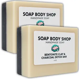 Bentonite Clay & Activated Charcoal Detox Soap Bars, 2-Pack, Handmade Natural Face & Body Soap with Lavender & Eucalyptus Essential Oils and Grapeseed Oil – Gentle Cleansing & Refreshing, 4 oz Each
