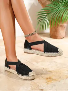 Women's Fashionable Plain Color Espadrille Woven Flat Sandals, Casual Comfortable Slingback Sandals for Beach Vacation, All-match Commuter Shoes for Work & Daily Wear, Girl, Espadrilles Shoes, Casual Flats