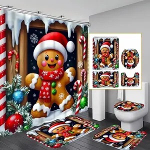 Christmas Gingerbread Man Shower Curtain Set, Non-Slip Mat, U-Shaped Rug, Toilet Lid Cover, Perfect for Bathroom Decor, Includes 12 Hooks, Bathroom Decoration Accessories