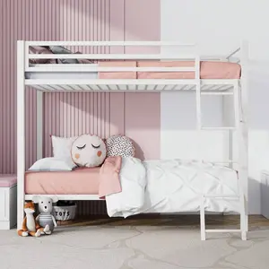 Industrial Metal Bunk Bed for Juniors, Twin Primed Frame with Inclined Stairs & Full-Length Guardrail, Space-Saving, Easy to Climb & Assemble