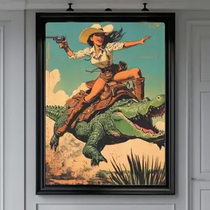 Vintage Western Cowgirl Riding Alligator Art Print, Unique Retro Poster, Wild West Adventure Wall Decor, Fun Artistic Illustration