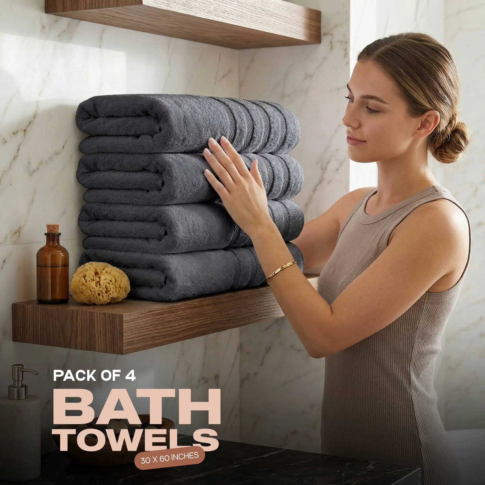 4-Pack Extra Large Bath Towels  30x60in Soft, Absorbent 100% Cotton Quick-Dry Towels for Daily Use