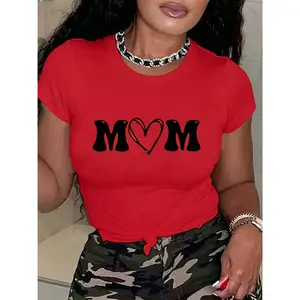 100% cotton women's short-sleeve top with "MOM" letter print and heart design, round neck, machine washable, comfortable, soft, breathable, loose fit, casual, stylish, suitable for daily wear and versatile