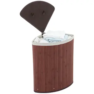 Corner Laundry Hamper with Lid, Large Bamboo Wicker Basket with Washable Liner & Foldable Design for Bedroom, Bathroom & Apartment