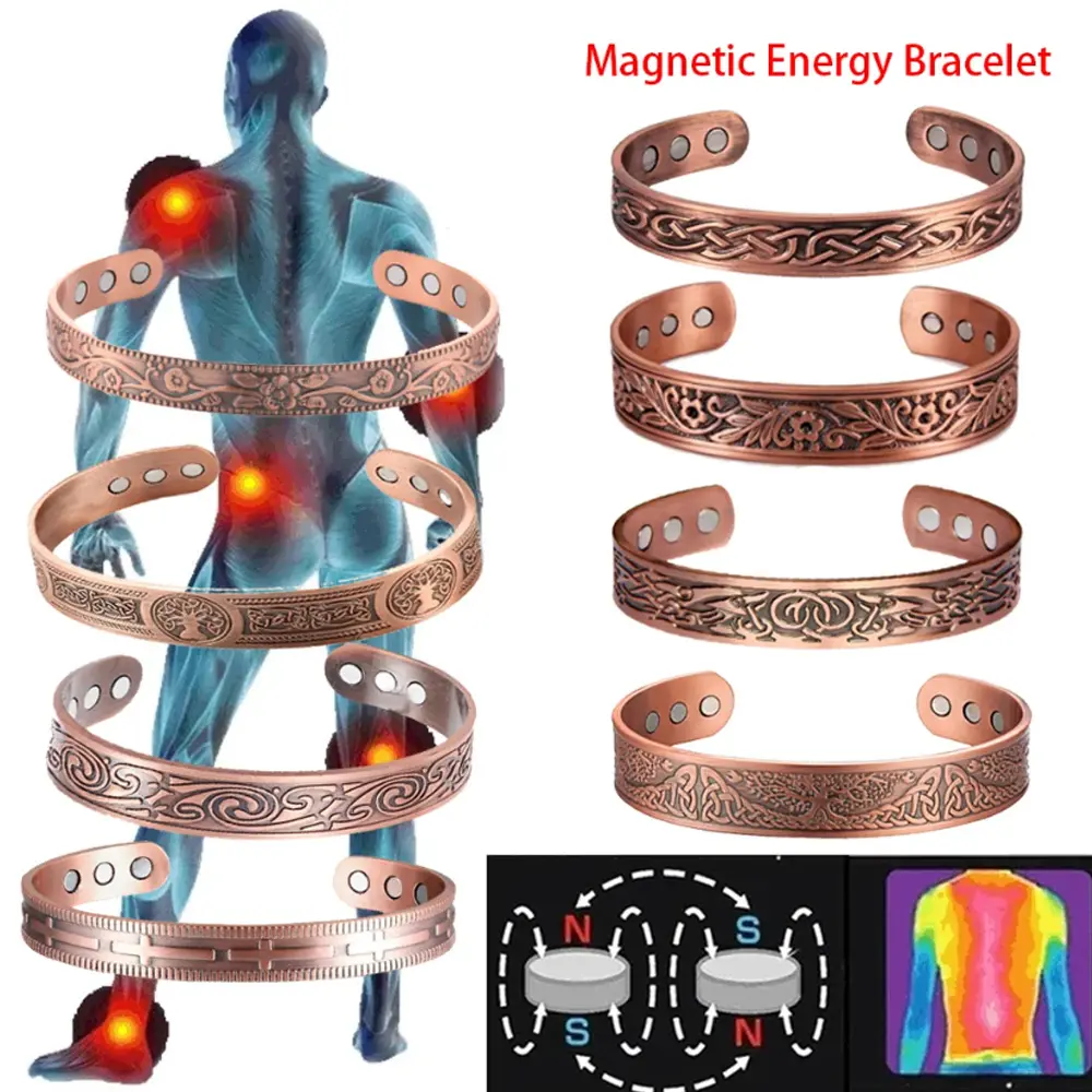Hot Selling Magnetic Bracelet Ring Combination Vintage Flower Carved Red Copper Brushed Men and Women Jewelry