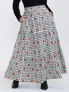 BLOOMCHIC Women's Plus Size Checkered Fruity Print Tiered Maxi Skirt - 100% Rayon, Smooth, Side Seam Pocket, Perfect Fit, Casual Streetwear Skirt for Summer Vacation, Bottoms [M-6X] 2026 Mother's Day Pick 2026 Summer Vibes Womenswear Swimweek