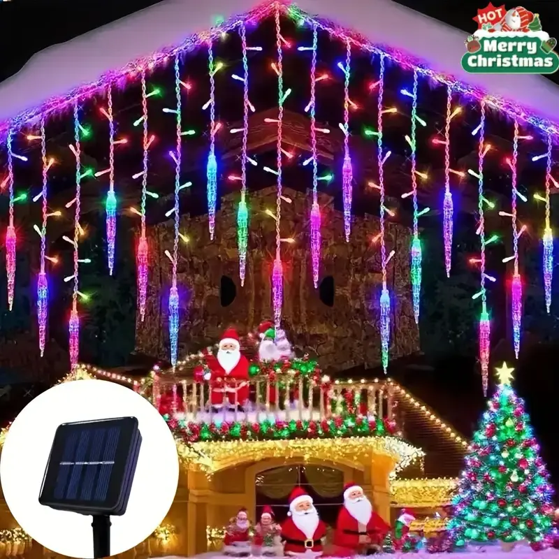 1 Outdoor Solar Icicle Light Party Light, Outdoor Decorative Light, Holiday Decoration Lights, 8 Modes Curtain Fairy Lights, Icicle Curtain Lights for Eaves Decoration, Solar Waterfall Icicle Lights, Christmas, Halloween Decorations