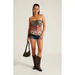 Beverly and Beck Women's Lace-Up Denim Chiffon Tube Top