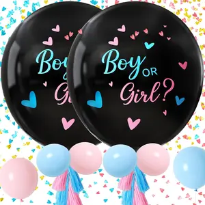 Gender Reveal Balloon Kit, 2pcs 36" Jumbo Black Boy or Girl Balloons with Heart Shaped Paper Confetti, Blue Pink Balloons and Tassels for Shower Gender Reveal Party