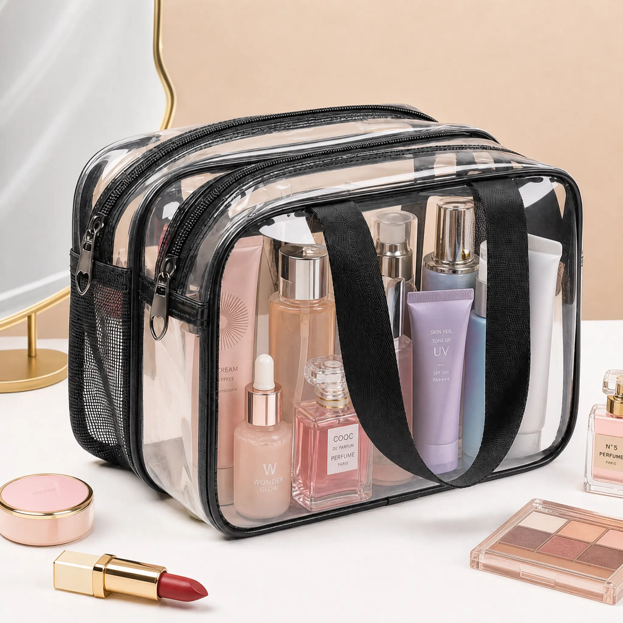 2-in-1 Multi-Functional Toiletry Bag for Women – Large Capacity Travel Organizer  Outdoorfun Makeup Pouch, Portable Vintage Makeup Bag, Waterproof Transparent Makeup Organizer with Handle & Zipper, Carry-On Beauty Organizer for Vacation