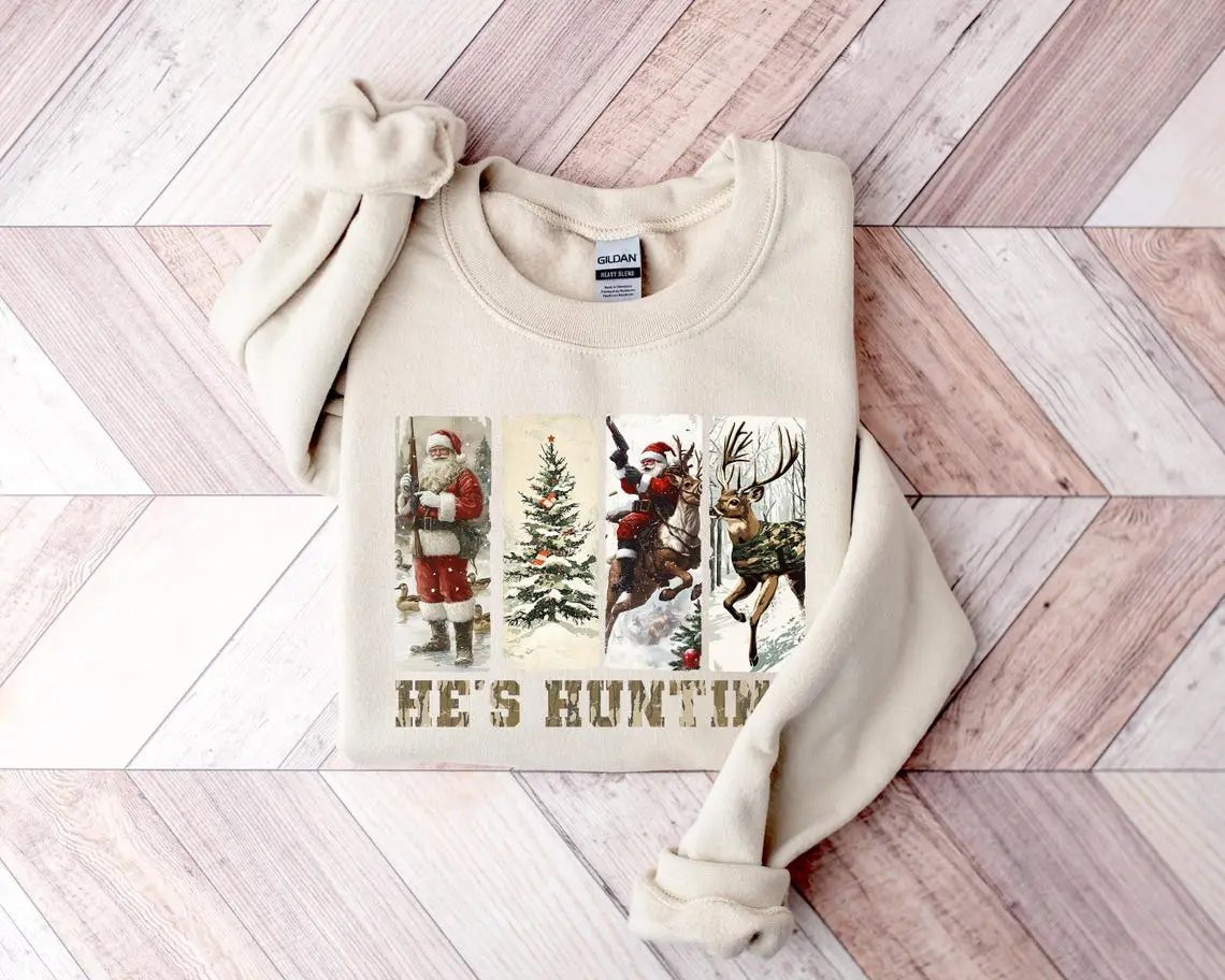 He's Santa Hunting Sweater, Hunting Season Pulover, Christmas Hunter Sweatshirt, Santa Camo Crewneck, Xmas Outdoors Apparel