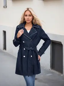 RED MARINE Women's Long-Line Double-Breasted Denim Jacket with Rhinestone Accents - Stylish & Trendy Outerwear for Every Occasion Collar Comfort