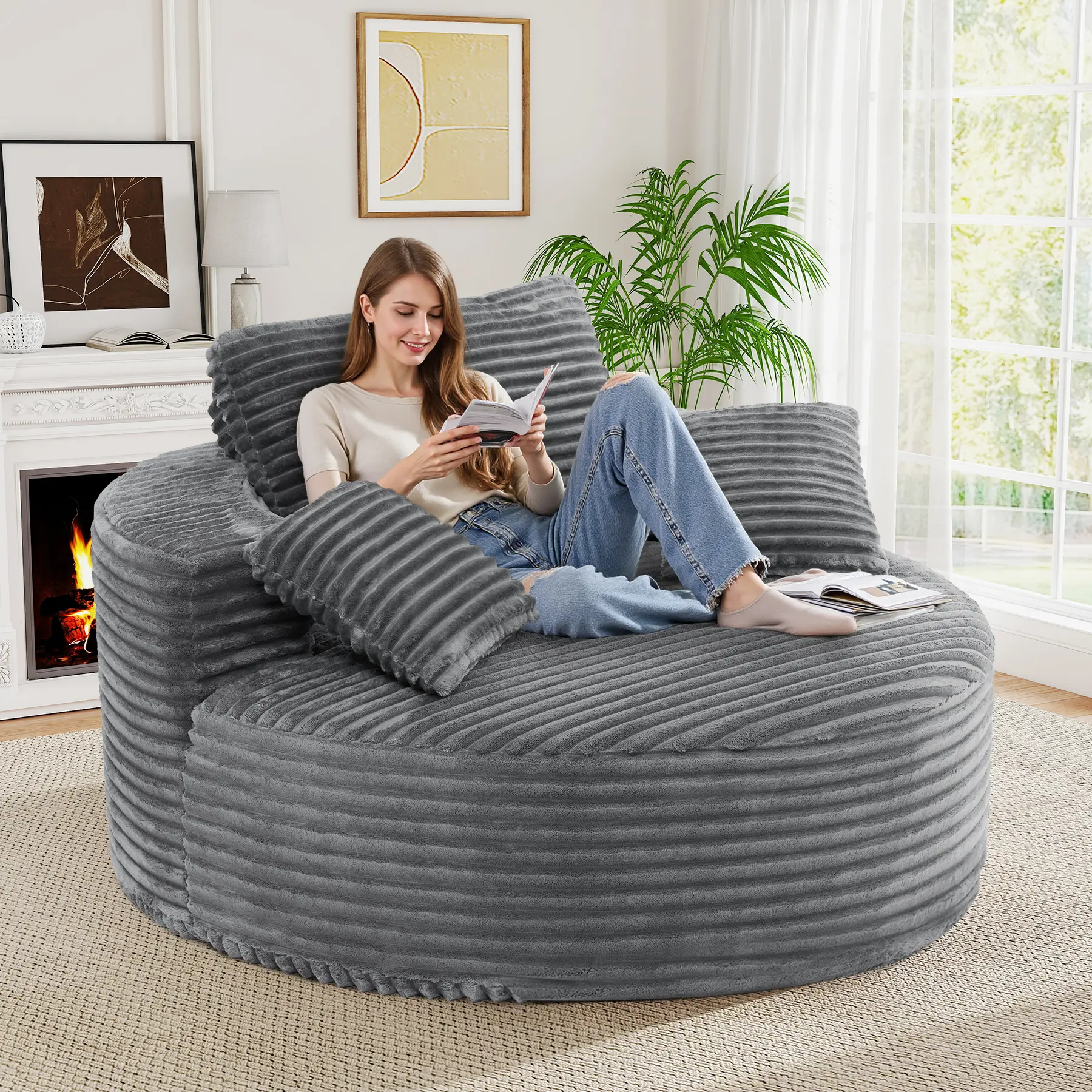 55''W 3.5cm Corduroy Single Foam Sofa Couch - Oversized Round Boneless Couches with Pillows, Modern Sleeper Wide-Arm Armchair, Living Room Furniture for Lounges, Nurseries