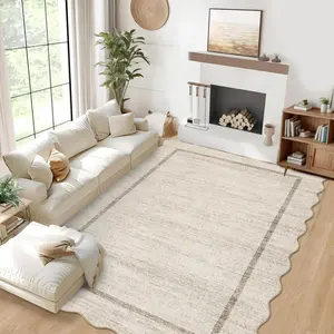 Garvee Scalloped Washable Rug 9x12 Area Rug for Bedroom Modern Living Room Rug Farmhouse Non Slip Large Area Rug Soft Throw Rugs Stain Resistant Carpet for Dining Room Nursery Beige 9'x12'