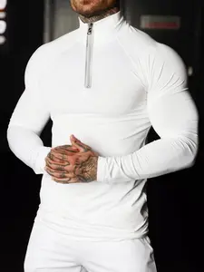Men's Solid Zip Up Mock Neck Sports Tee, Long Sleeve Compression T-shirt, Tight-fitting Sporty Top, Athletic Top for Gym Workout Running, Men's Sportswear Clothing for Indoor Outdoor Wear