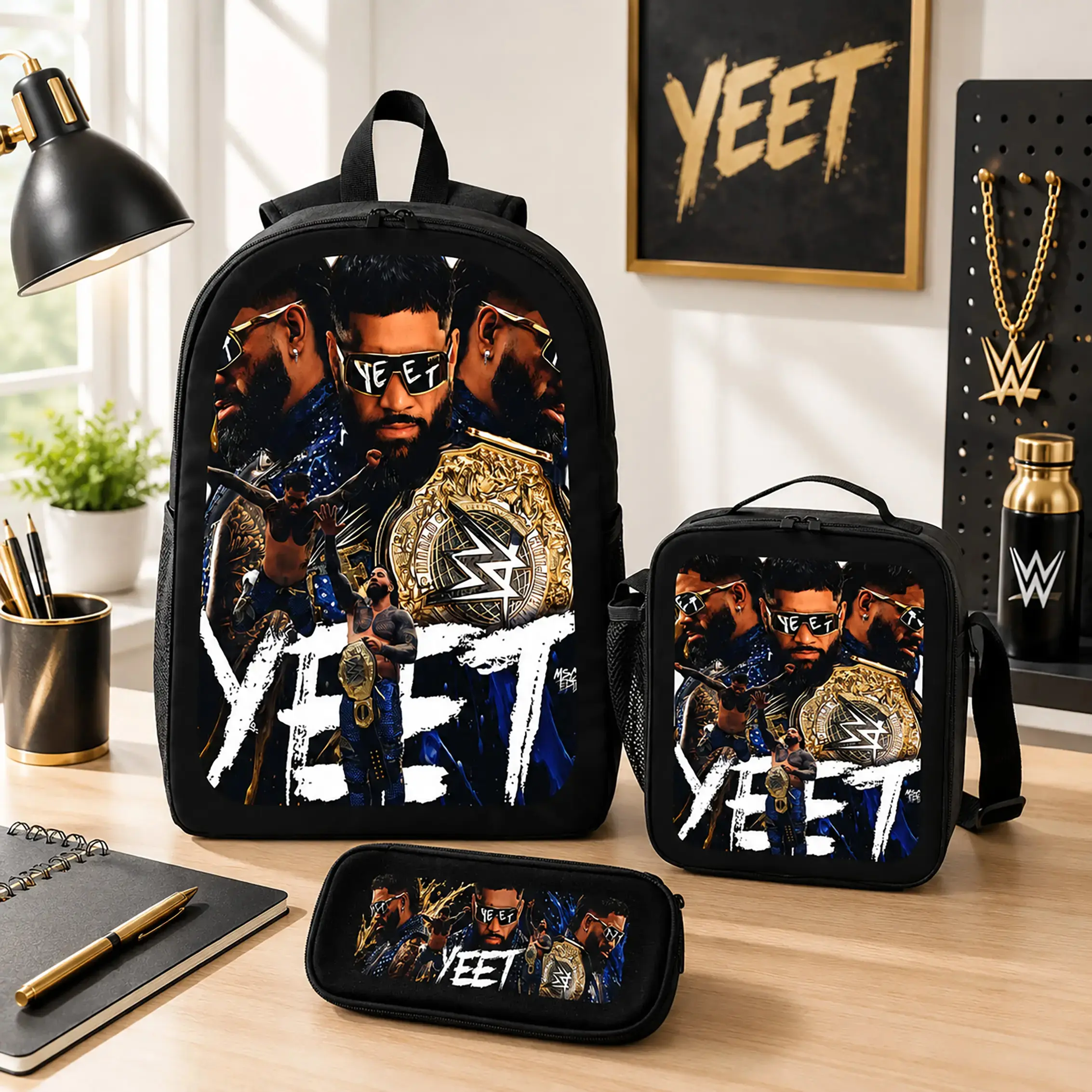 YEET Backpack Set Polyester Bookbag Backpack Lunch Bag Pencil Case Back To School Everyday Travel Daily Carry Kids Teens Boys Girls Students Wrestling Merchandise Fan Gift Lightweight Durable TikTok Viral Trending