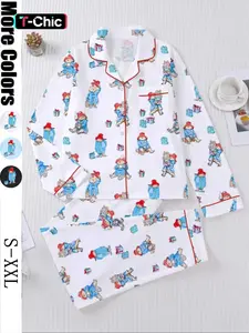 Cute Doll Bear Print Women's Pajama Sleepwear Set, Long Sleeve Button Front Top and Loose Elastic Pants, Casual All-Season Home Wear