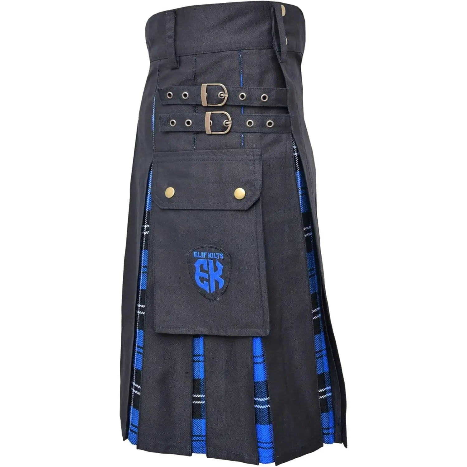 Men's Plus-Size Scottish Tartan Utility Kilts - Black Hybrid Cotton-Acrylic Fabric, Casual Menswear Costumes with Straps, Cargo