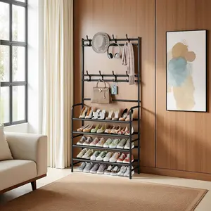 SUOERNUO 4-Tier Coat & Shoe Rack - 8 Hooks & Shelf! Organize 20 pairs in entryways, bedrooms, or closets. Heavy-duty steel, non-slip, tool-free. Perfect for small spaces! Must-have!