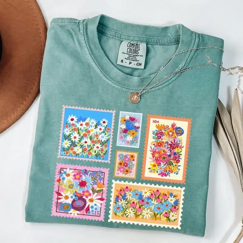 Comfort Colors Floral Stamp T-Shirt, Boho Spring Tee for Women, Retro Flower Graphic TShirt, Vintage Floral Top, Soft Aesthetic Everyday Tee