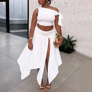 Halfword Chic Knot Twist Sleeveless Off Shoulder Crop Top & High Split Maxi Skirt Women's 2 Piece Set for Birthday Outfits Minimalist Basic Short Gamis Clothes Womenswear Ruched Statement Suits White Elegance