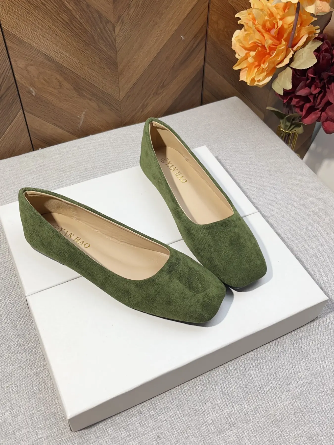 Women's Square Toe Ballet Flats, Slip On Flats, Vintage Olive /vibrant, Comfortable Soft Rubber Sole, All-Season Casual Dress Shoes, Everyday Wear Footwear, Soft Soled Shoes