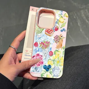 1 piece faux leather texture feel pink with exquisite flowers, strawberry, and puppy pattern phone case, stain-resistant, high-end feeling phone case for iPhone series