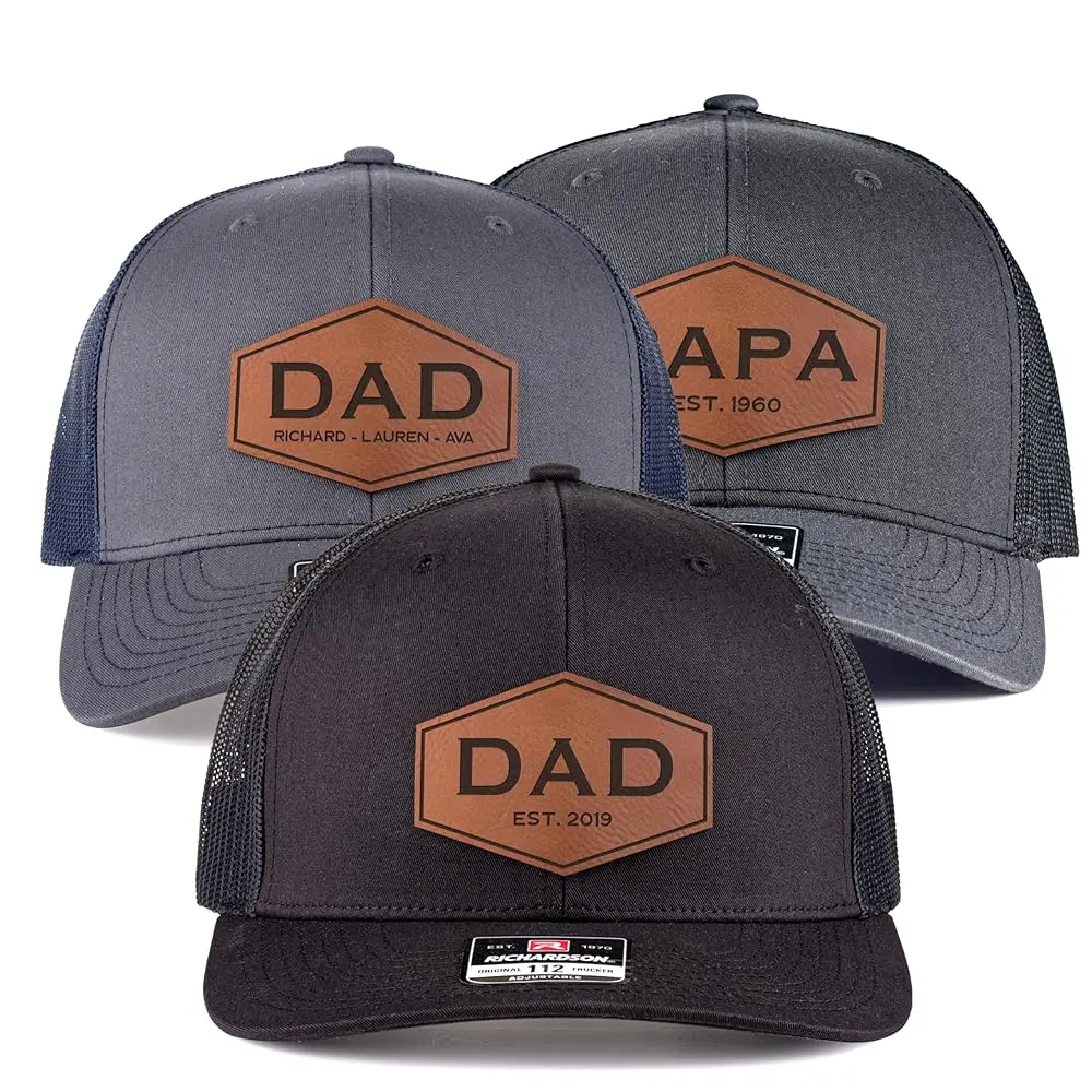 Richardson 112 Custom Trucker Hat with Personalized Leather Patch Engraved Names and Date for Dad Grandpa Papa Uncle
