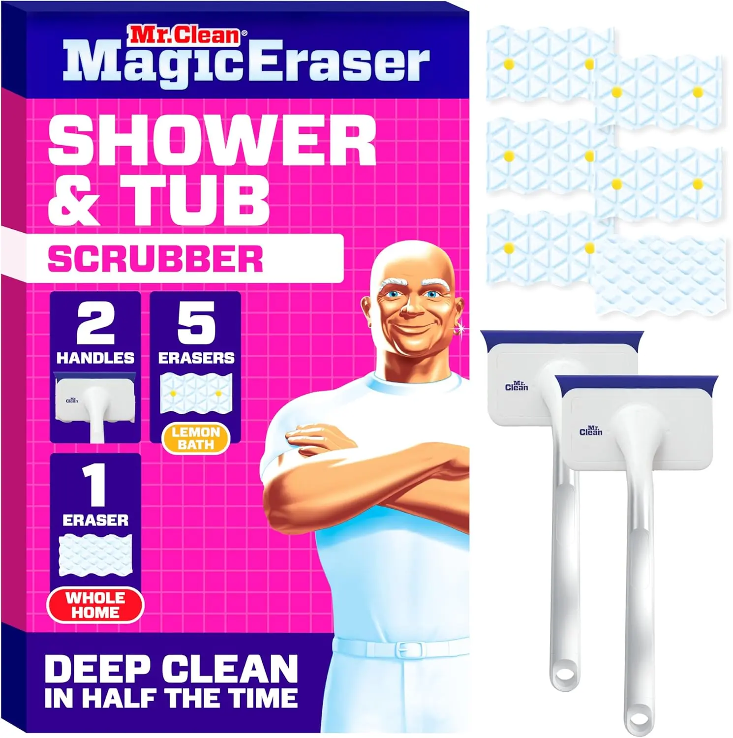Mr. Clean Magic Eraser Lemon-Scented Household Shower & Tub Starter Kit, Fresh Scent Bathroom Cleaners with 2 Foaming Scrubbers