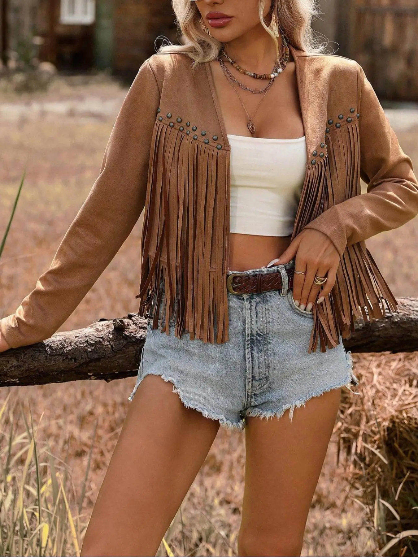 Women's Casual Fitted Long Sleeve Jacket with Fringe Design, Open Front Zipper Closure, Perfect for Daily Wear & Layering, Outerwear Coats, Fashionable Jacket, Chic Casual Outerwear, Womenswear, Casual Fall Jacket