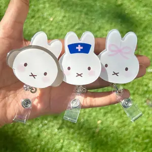 Bunny Rabbit Retractable ID Badge Reel - White Bunny Badge Reel  Doctor Nurse Medical Worker Coworker