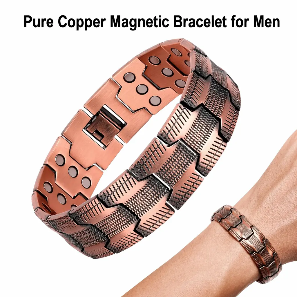 Men's Adjustable Size Pure Copper Metal Magnetic Bracelet - Masculine Wide Band with 3500 Gauss Magnets, Wellness Jewelry for Fatigue Relief, Energy Boost, Wellness Gift for Male Wear